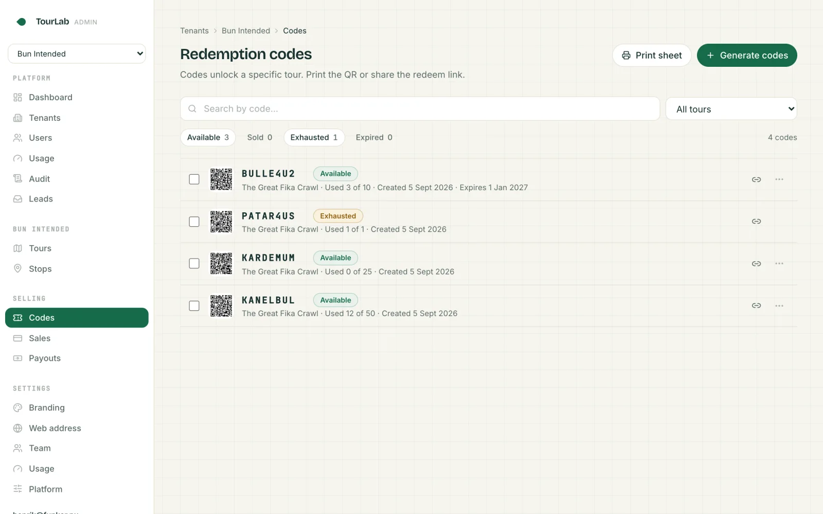 Redemption codes, each with its QR code and status