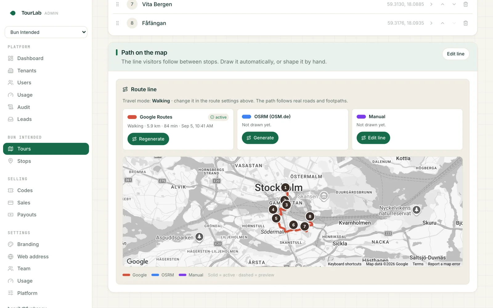 The route editor's map: the walk through Stockholm with numbered stops