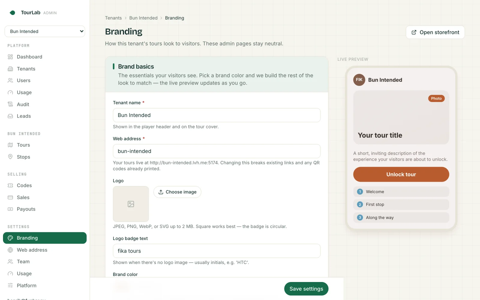 The branding page with a live preview of the tour cover in the tenant's colors