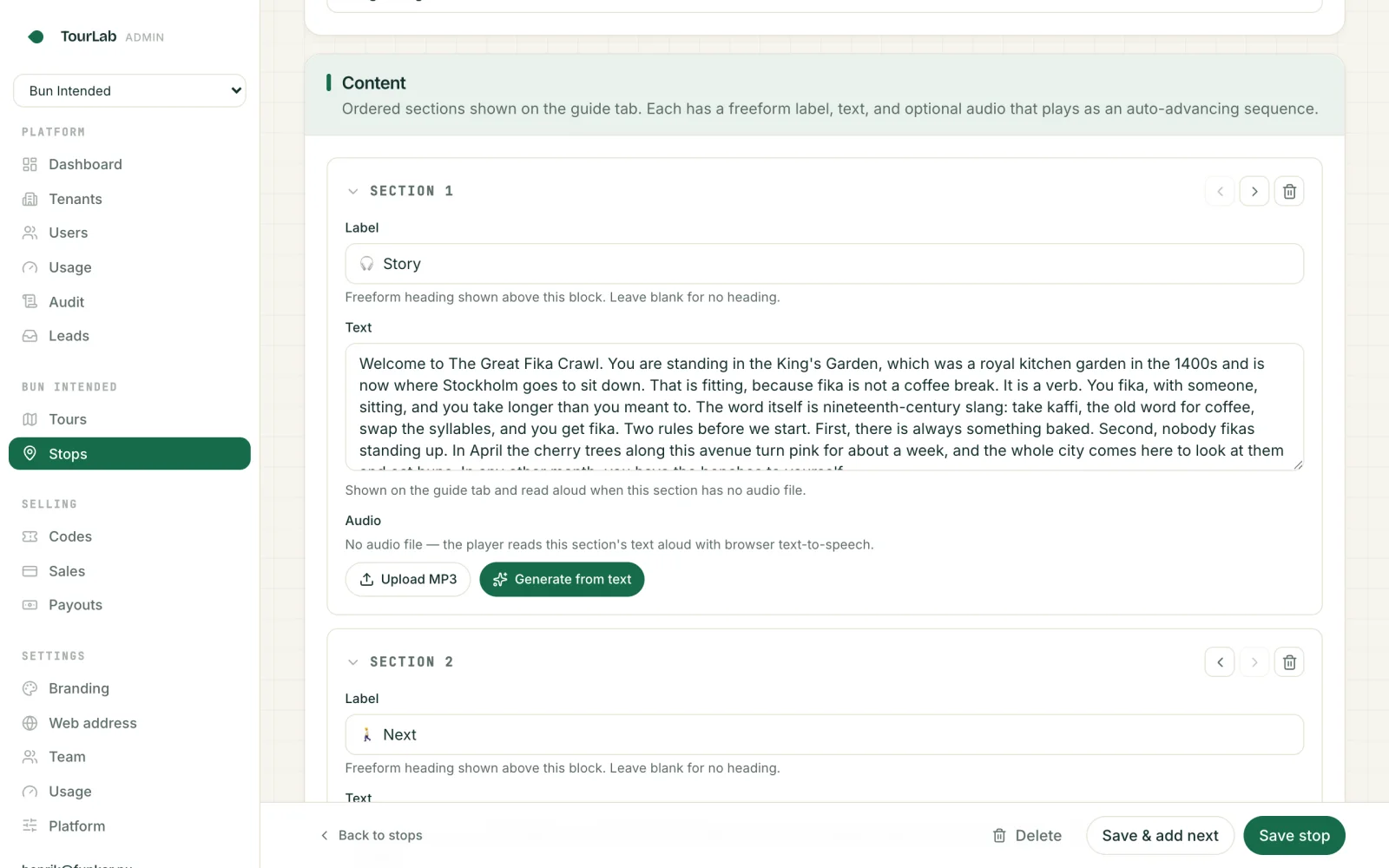 A stop's section in the editor: its text with the narration controls beneath