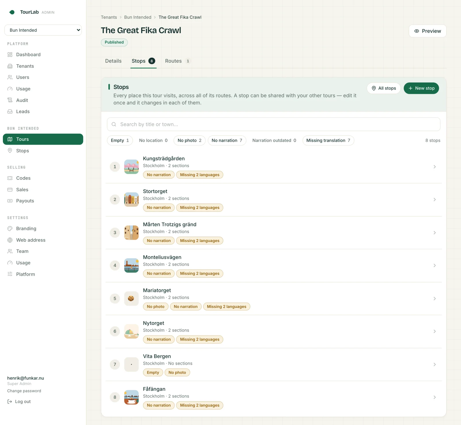 The tour editor's Stops tab: eight stops in walking order, one of them still unwritten